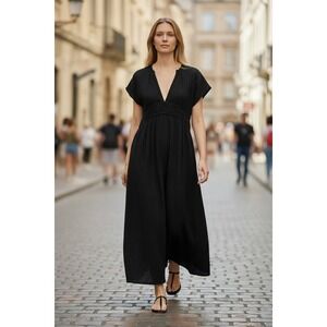 HM Black 100% Cotton Gauze V-Neck Maxi Dress Short Sleeve Women Large